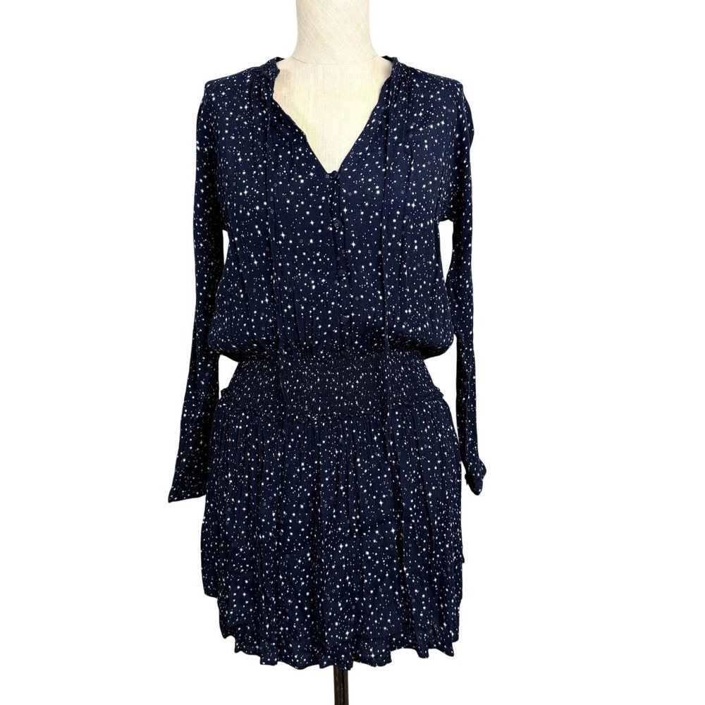 Rails Navy Nova Star Print Smocked Mini Dress Long Sleeve V-Neck Small NWT